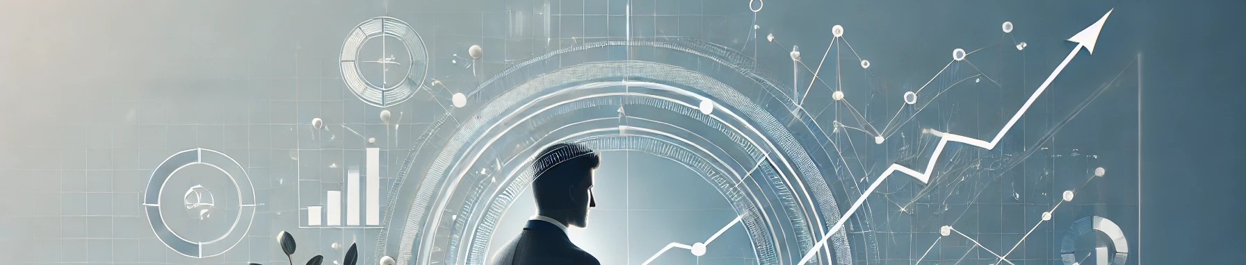 Symbolisches Bannerbild für einen Blogartikel über die Erfolgsfaktoren für ein erfolgreiches Kleinunternehmen. Zeigt einen Unternehmer vor digitalen Diagrammen mit wachstumsorientierten Elementen.