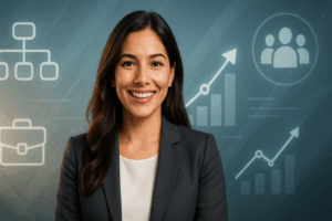 Businessfrau mit Symbolen für Führung, Team und Wachstum