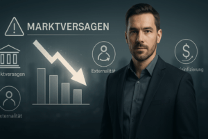 Businessmann vor Symbolen für Marktversagen und Effizienzverlust