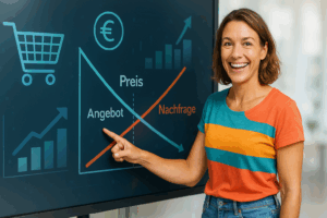 Frau zeigt auf Angebotskurve einer Marktgrafik