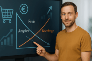 Mann zeigt auf Grafik zu Angebot und Nachfrage
