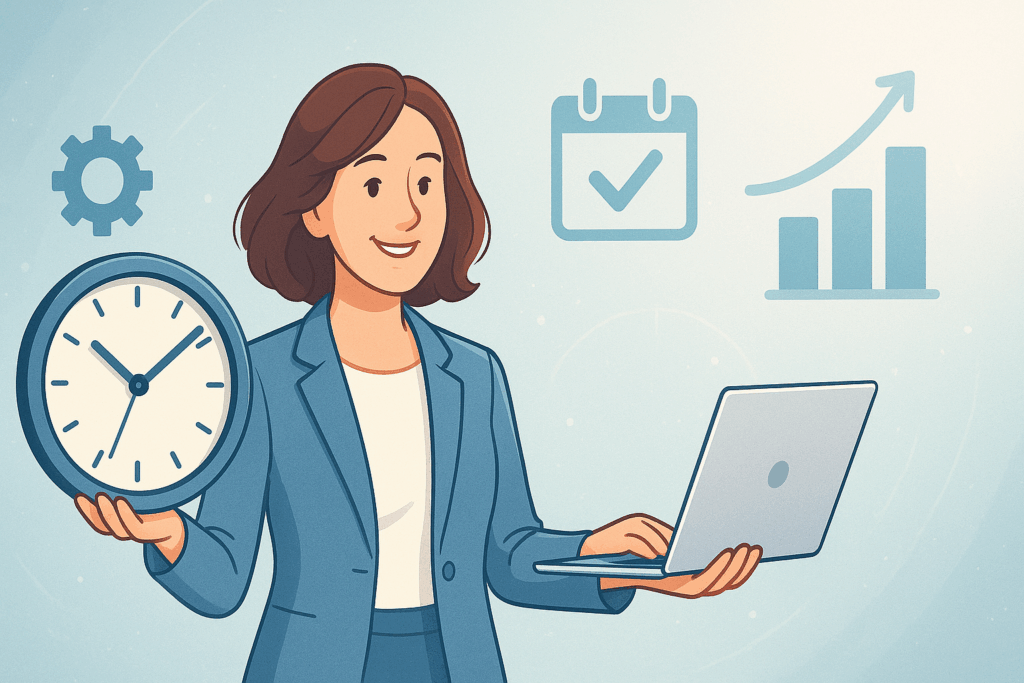 Frau mit Uhr und Laptop symbolisiert effizientes Zeitmanagement